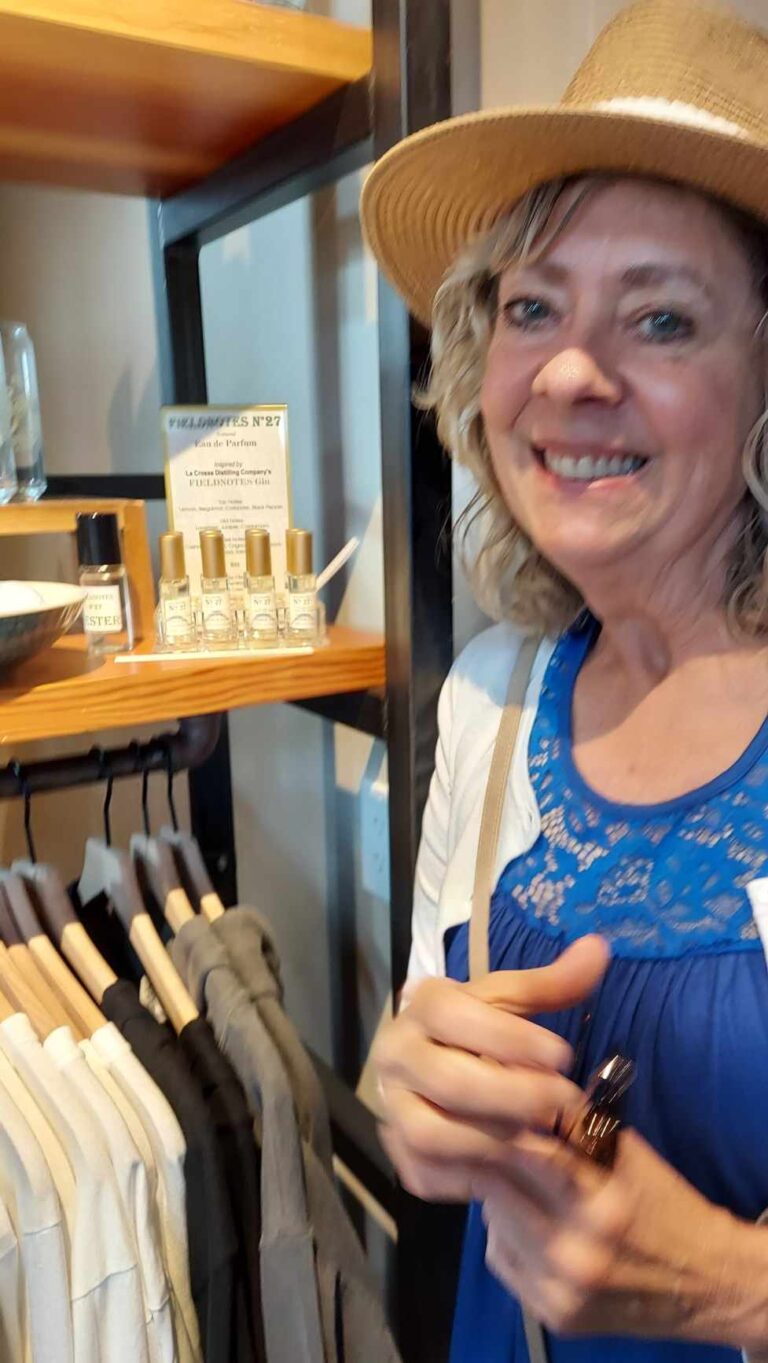 Cheri with Fieldnotes perfume display at la crosse distilling